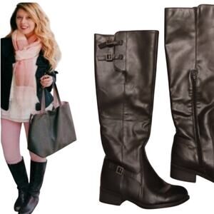 Merona Riding Boots Womne's Sz 10 Wider Calves BLack Low Heels Buckle Equestrian